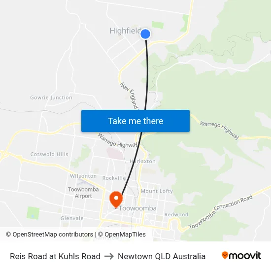 Reis Road at Kuhls Road to Newtown QLD Australia map