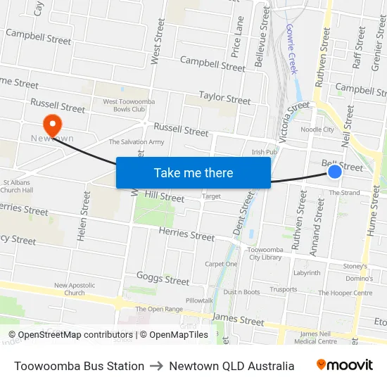Toowoomba Bus Station to Newtown QLD Australia map