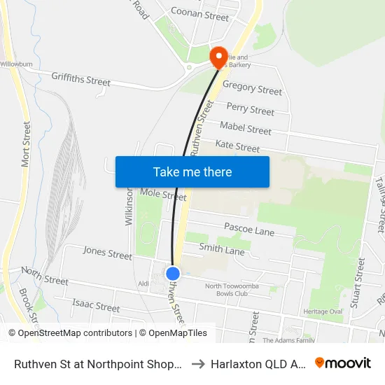 Ruthven St at Northpoint Shopping Centre to Harlaxton QLD Australia map