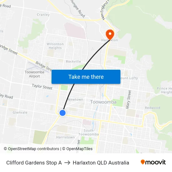 Clifford Gardens Stop A to Harlaxton QLD Australia map