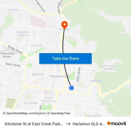 Kitchener St at East Creek Park Hail 'N' Ride to Harlaxton QLD Australia map