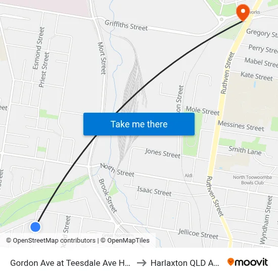 Gordon Ave at Teesdale Ave Hail 'N' Ride to Harlaxton QLD Australia map