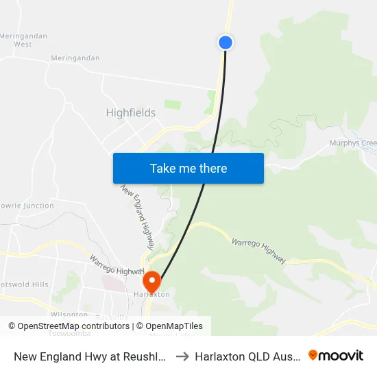 New England Hwy at Reushle Road to Harlaxton QLD Australia map