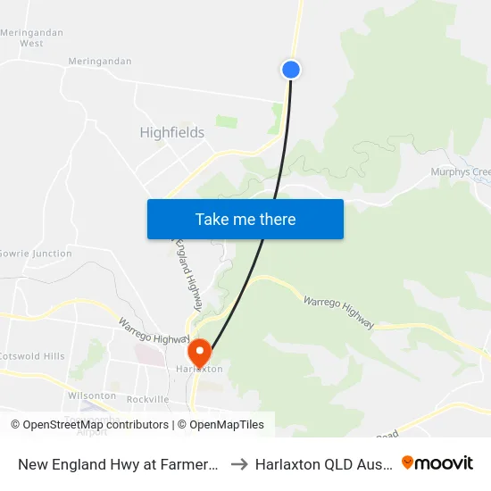 New England Hwy at Farmers Arms to Harlaxton QLD Australia map