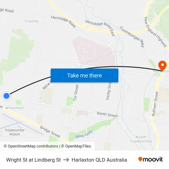 Wright St at Lindberg St to Harlaxton QLD Australia map