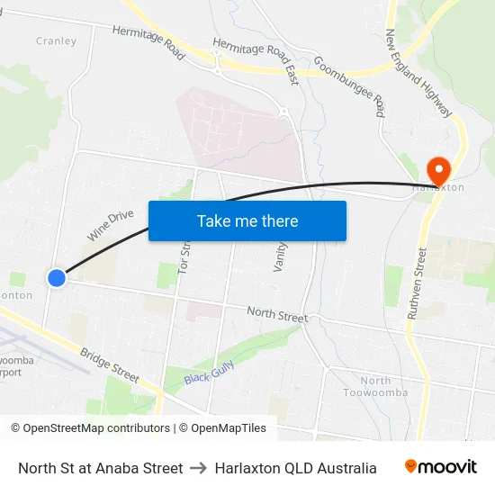 North St at Anaba Street to Harlaxton QLD Australia map