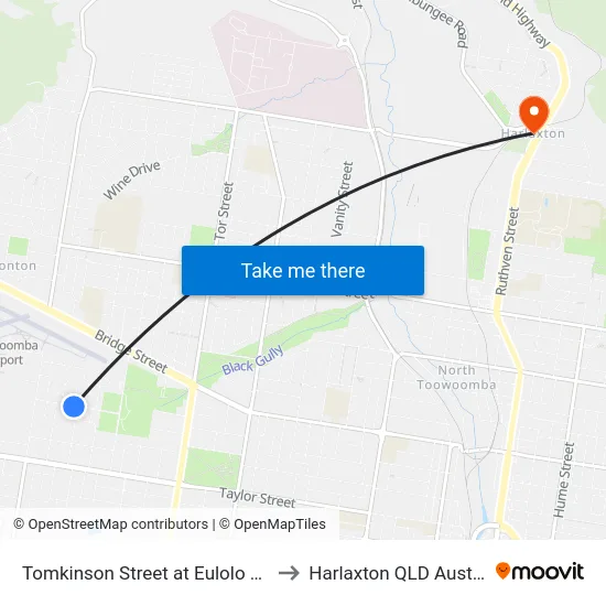 Tomkinson Street at Eulolo Street to Harlaxton QLD Australia map