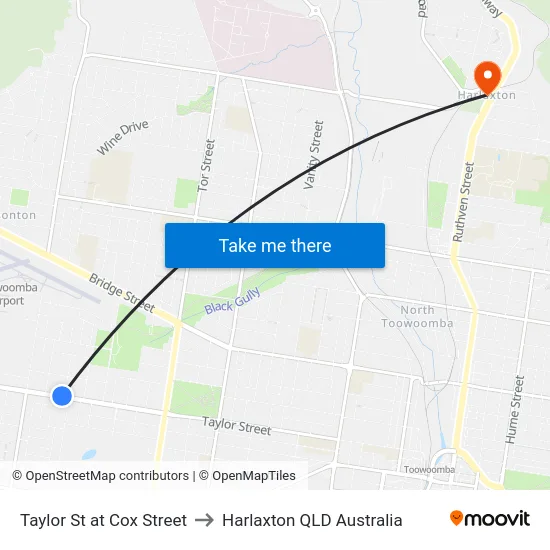 Taylor St at Cox Street to Harlaxton QLD Australia map