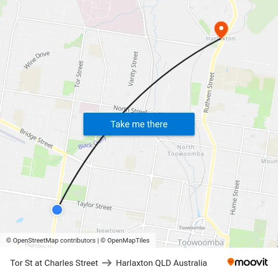 Tor St at Charles Street to Harlaxton QLD Australia map