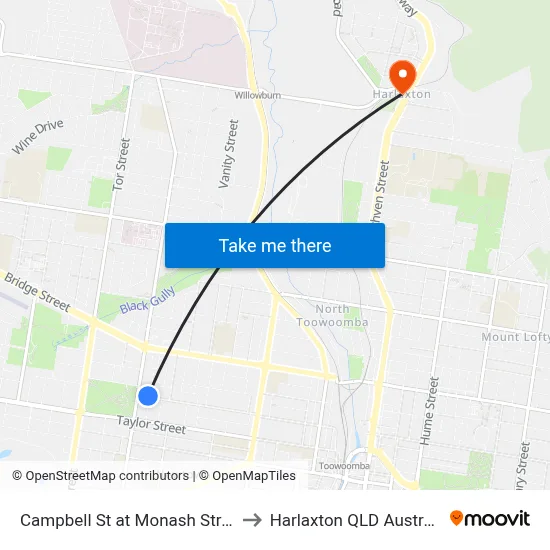 Campbell St at Monash Street to Harlaxton QLD Australia map