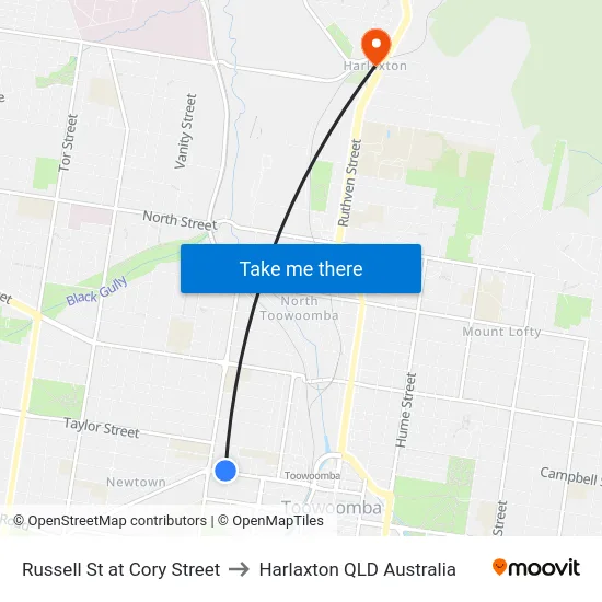 Russell St at Cory Street to Harlaxton QLD Australia map