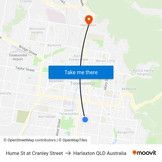 Hume St at Cranley Street to Harlaxton QLD Australia map