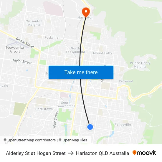 Alderley St at Hogan Street to Harlaxton QLD Australia map