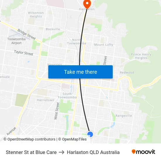 Stenner St at Blue Care to Harlaxton QLD Australia map