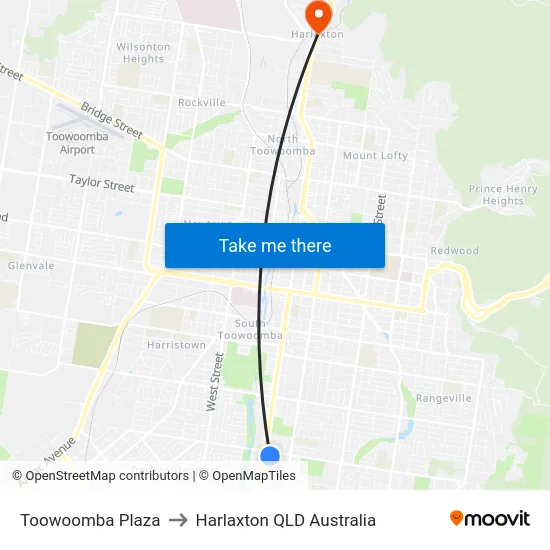 Toowoomba Plaza to Harlaxton QLD Australia map