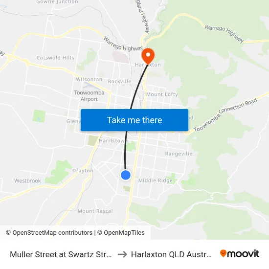 Muller Street at Swartz Street to Harlaxton QLD Australia map