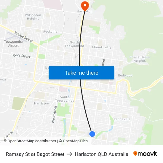 Ramsay St at Bagot Street to Harlaxton QLD Australia map