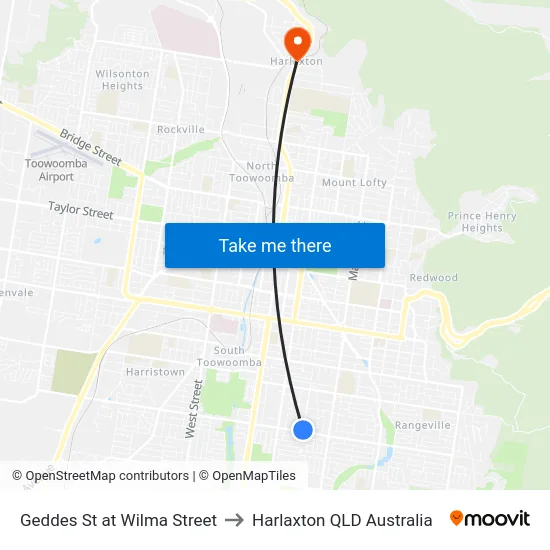 Geddes St at Wilma Street to Harlaxton QLD Australia map