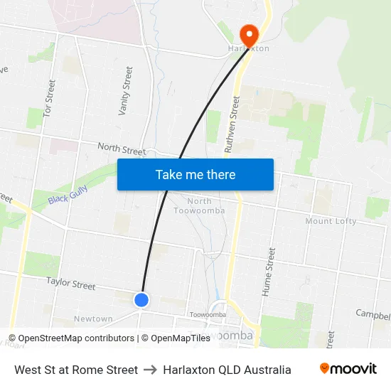 West St at Rome Street to Harlaxton QLD Australia map