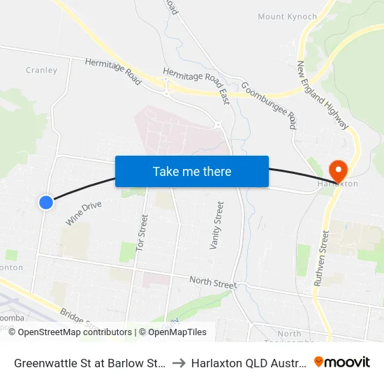 Greenwattle St at Barlow Street to Harlaxton QLD Australia map