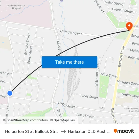 Holberton St at Bullock Street to Harlaxton QLD Australia map