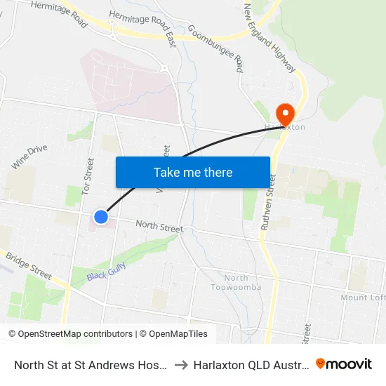 North St at St Andrews Hospital to Harlaxton QLD Australia map