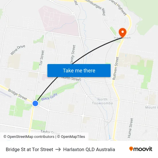Bridge St at Tor Street to Harlaxton QLD Australia map