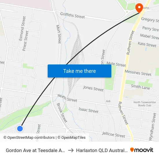 Gordon Ave at Teesdale Ave to Harlaxton QLD Australia map