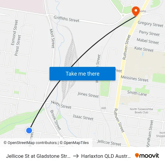 Jellicoe St at Gladstone Street to Harlaxton QLD Australia map