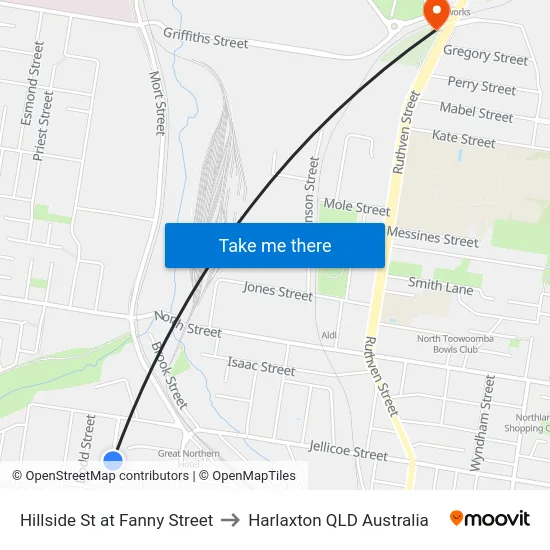 Hillside St at Fanny Street to Harlaxton QLD Australia map