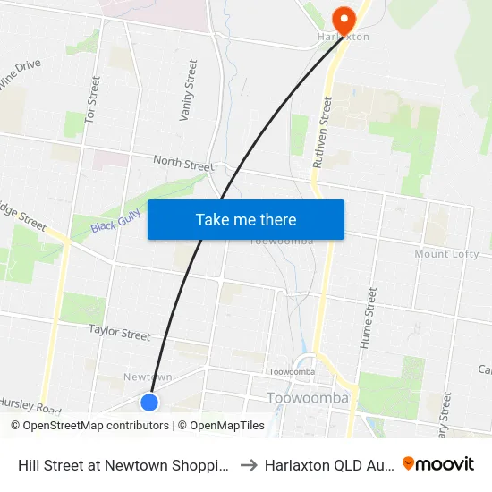 Hill Street at Newtown Shopping Centre to Harlaxton QLD Australia map