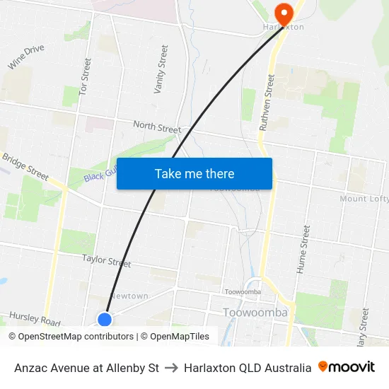 Anzac Avenue at Allenby St to Harlaxton QLD Australia map