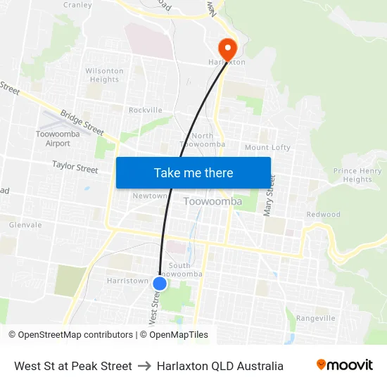West St at Peak Street to Harlaxton QLD Australia map