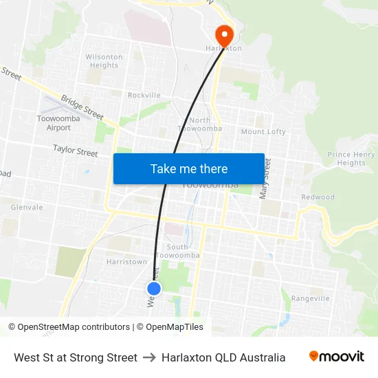 West St at Strong Street to Harlaxton QLD Australia map