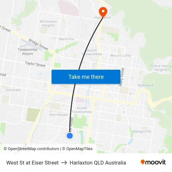 West St at Eiser Street to Harlaxton QLD Australia map