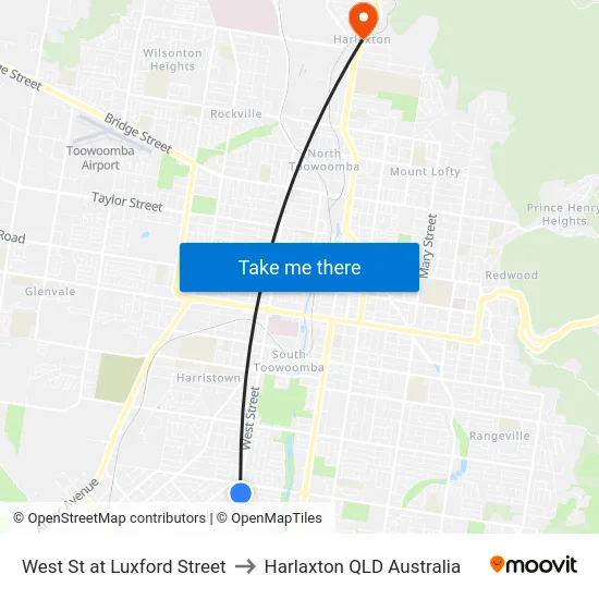 West St at Luxford Street to Harlaxton QLD Australia map