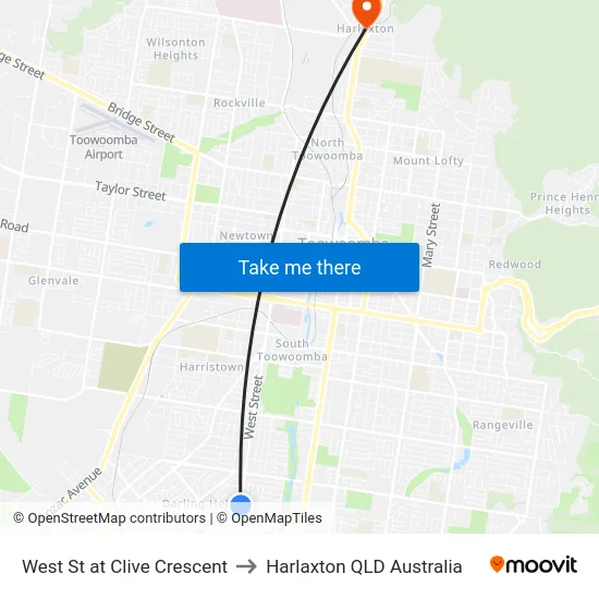 West St at Clive Crescent to Harlaxton QLD Australia map