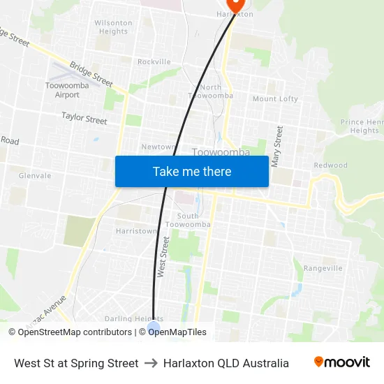 West St at Spring Street to Harlaxton QLD Australia map