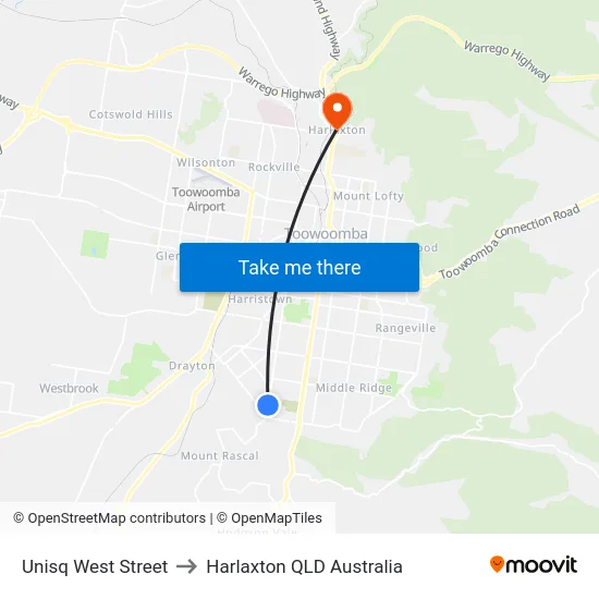 Unisq West Street to Harlaxton QLD Australia map