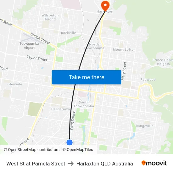 West St at Pamela Street to Harlaxton QLD Australia map