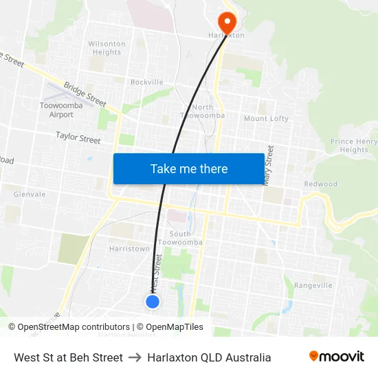 West St at Beh Street to Harlaxton QLD Australia map