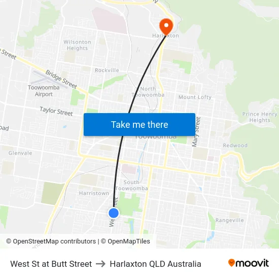 West St at Butt Street to Harlaxton QLD Australia map