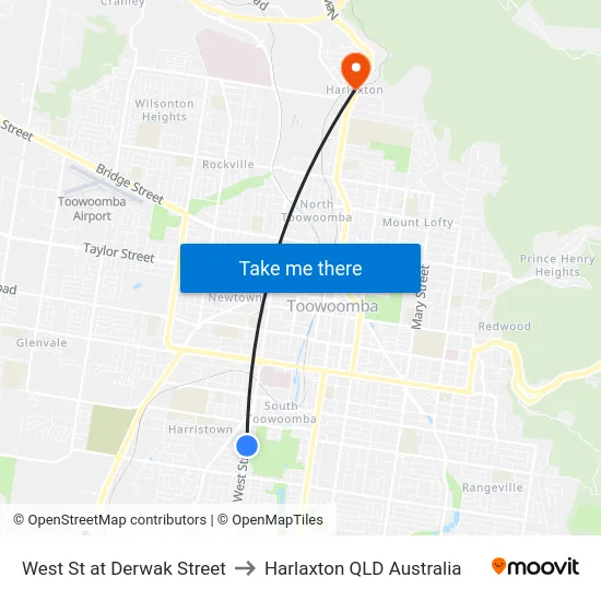 West St at Derwak Street to Harlaxton QLD Australia map