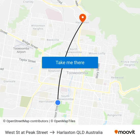 West St at Peak Street to Harlaxton QLD Australia map