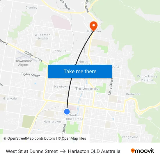 West St at Dunne Street to Harlaxton QLD Australia map