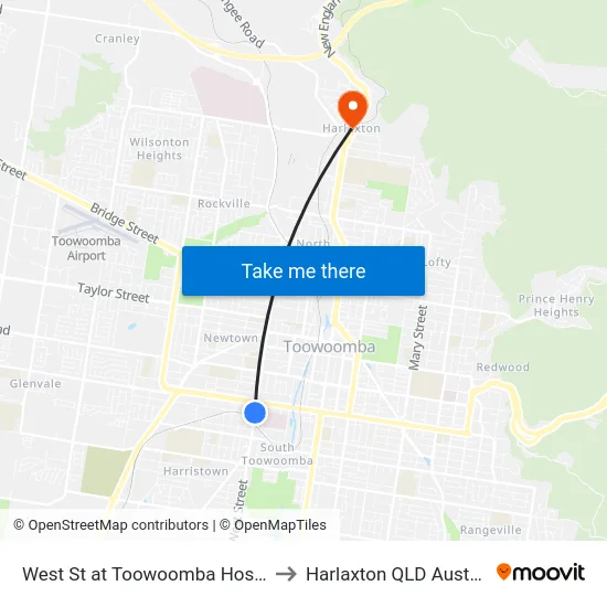 West St at Toowoomba Hospital to Harlaxton QLD Australia map