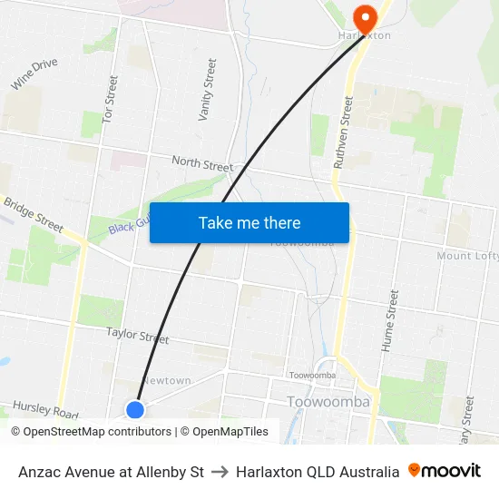 Anzac Avenue at Allenby St to Harlaxton QLD Australia map