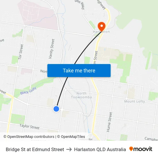 Bridge St at Edmund Street to Harlaxton QLD Australia map