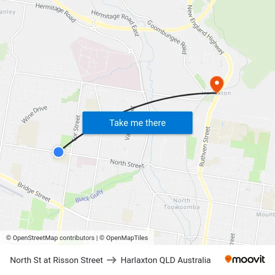 North St at Risson Street to Harlaxton QLD Australia map