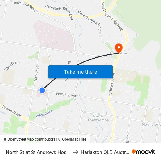North St at St Andrews Hospital to Harlaxton QLD Australia map